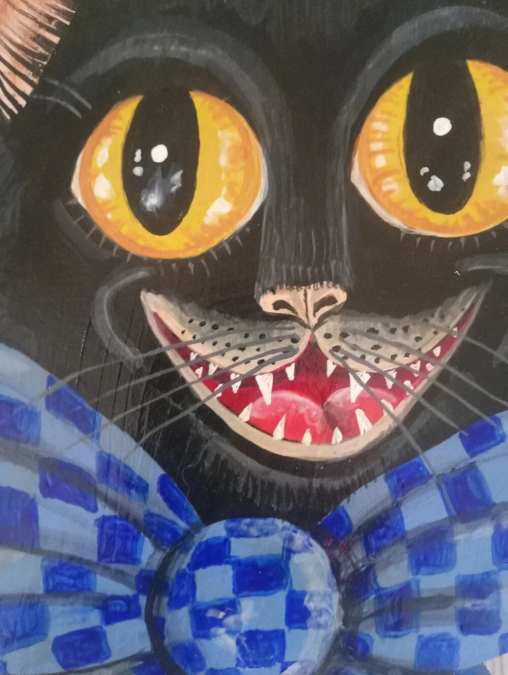 Wooden Laughing Black Cat Head Decorative Wall Plaque with Blue Check Bow